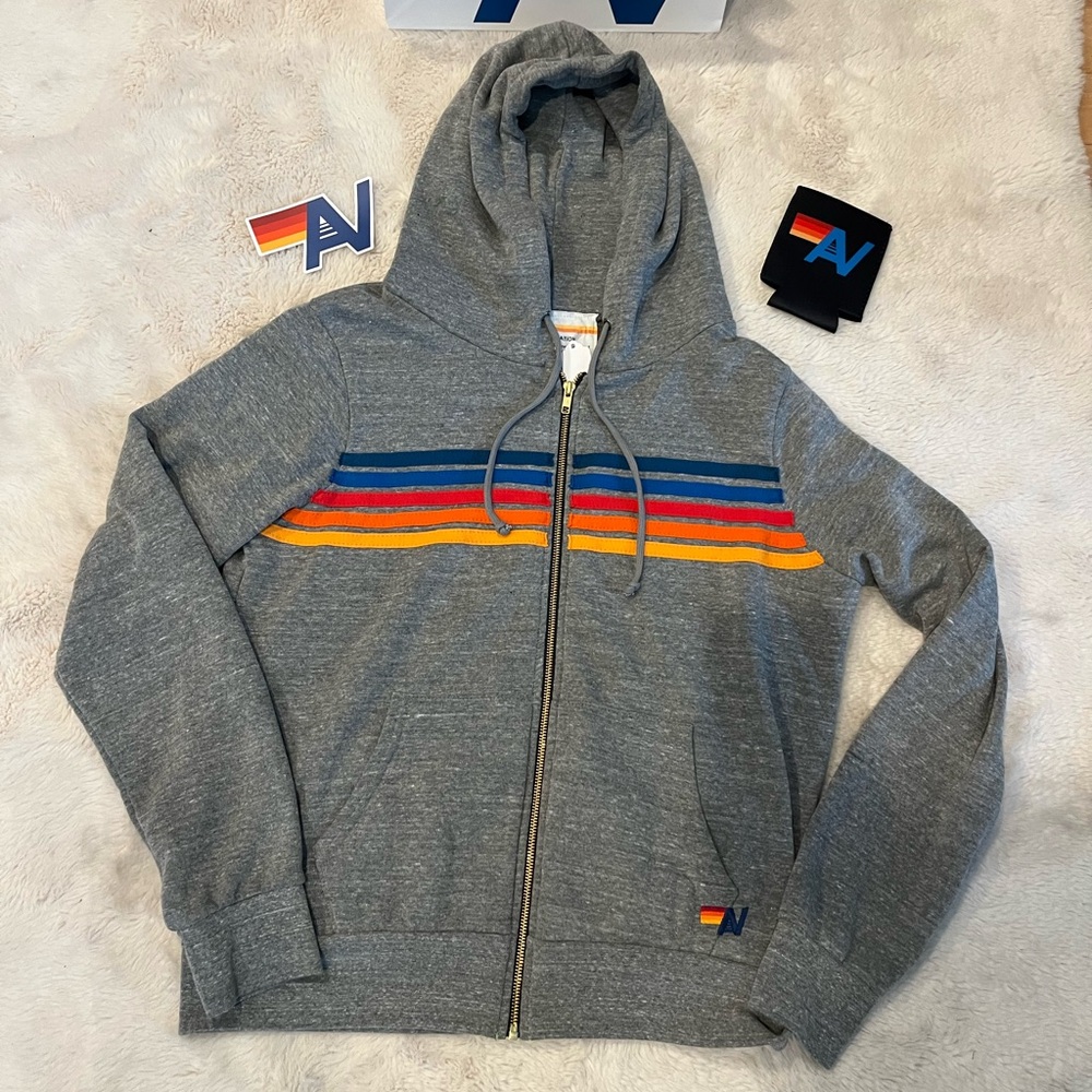 NWT AVIATOR NATION UNISEX 5 STRIPE HOODIE Size Large Heather Grey